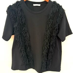 Zara Black Fringe Front Detail Women's Top Tee Shirt BLOUSE Short Sleeve Size S